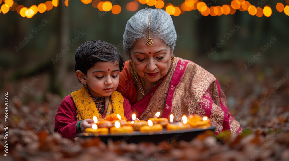 child with grandmother family holding a candle ornament during the celebrations of diwali and hanukkah, incorporating elements of religion and new year ceremonies in the hindu festival