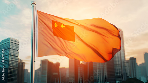 flag of Hong Kong on city skyscrapers buildings vanilla sunset bg for anthem day - abstract 3D rendering photo