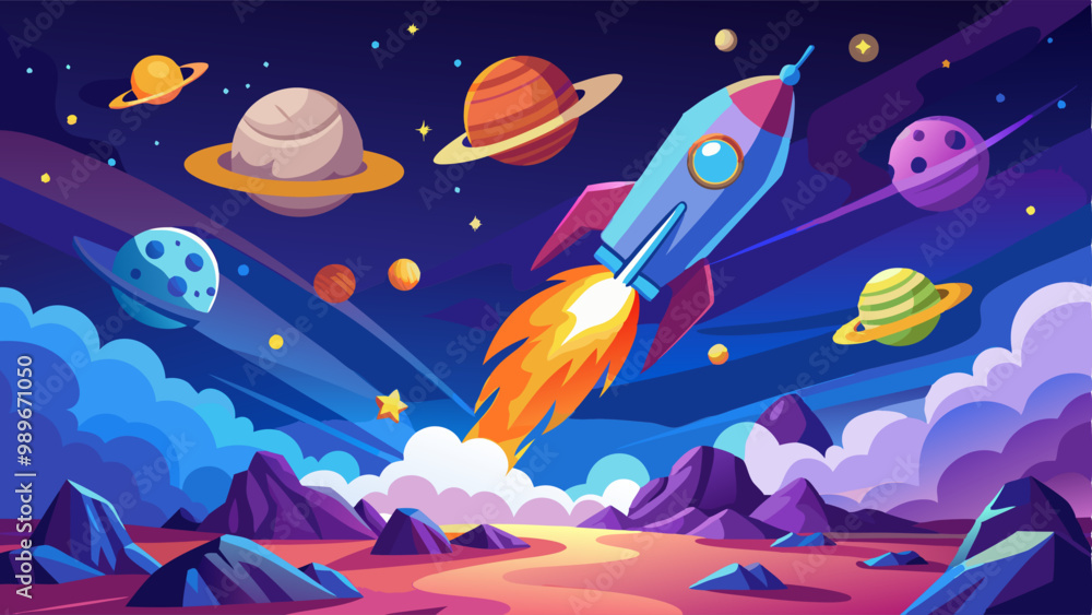 Rocket launch in space. Spaceship on planet cartoon vector. Galaxy ship speed start with fire and smoke in cosmic universe to alien. Fantasy spacecraft in sky startup. Meteorite and asteroid flying Rocket launch in space. Spaceship on planet cartoon vector. Galaxy ship speed start with fire and smoke in cosmic universe to alien. Fantasy spacecraft in sky startup. Meteorite and asteroid flying