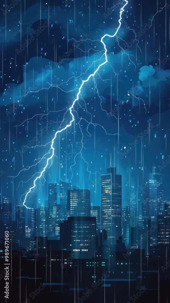 Lightning strikes buildings as rain pours, creating an electrifying urban vibe Lightning strikes buildings as rain pours, creating an electrifying urban vibe