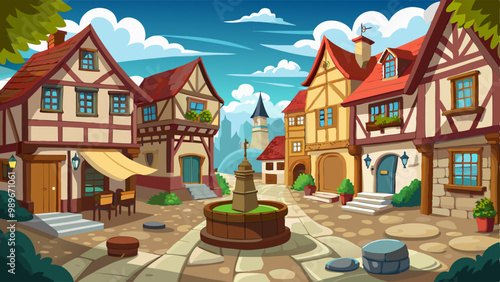 Medieval traditional german city street houses. Cartoon vector illustration cityscape with old town homes with wood fachwerk. Half-timbered buildings with stone pavement sidewalk, fountain and lantern photo