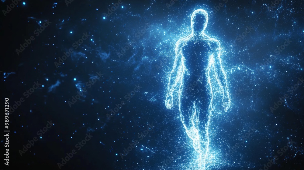 A luminous capsule dissolving mid-air, shimmering particles form a human silhouette, symbolizing futuristic healingSci-fi, neon blue and purple hues, soft glow A luminous capsule dissolving mid-air, shimmering particles form a human silhouette, symbolizing futuristic healingSci-fi, neon blue and purple hues, soft glow