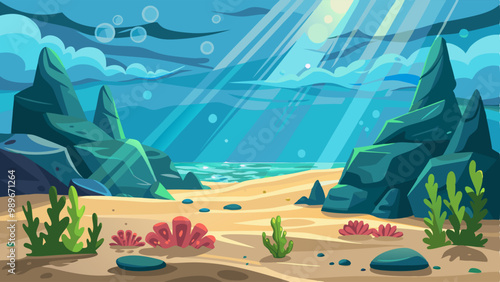 Ocean or sea underwater background. Empty sandy bottom with seaweeds grow at rocks and air bubbles floating at sunlight beam falling from above. Marine scene, undersea life Cartoon vector illustration