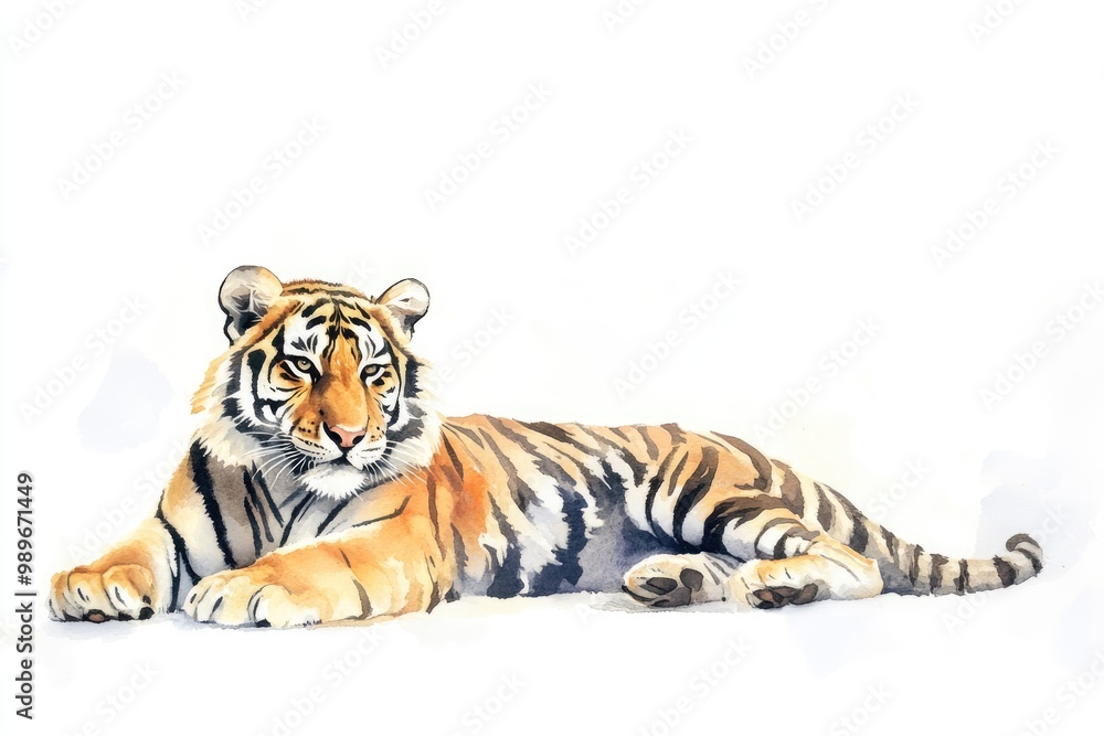 Obraz premium Tiger's Regal Repose: Capturing the power and elegance of a majestic tiger in a moment of serene repose. Witness the striking detail of its iconic stripes and piercing gaze.