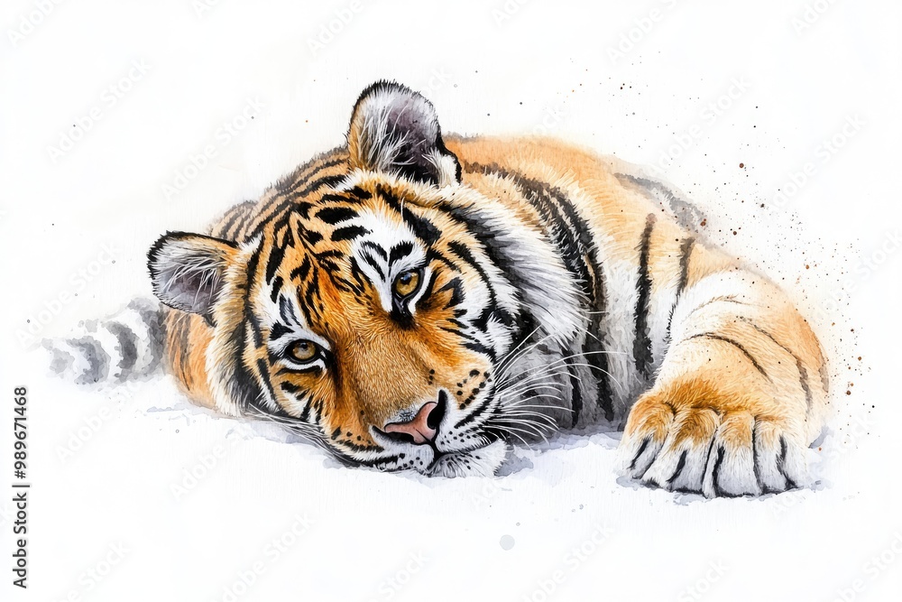 Obraz premium Striking Tiger Portrait: A captivating watercolor illustration of a majestic tiger, its eyes piercing with intensity, resting calmly in a serene pose.