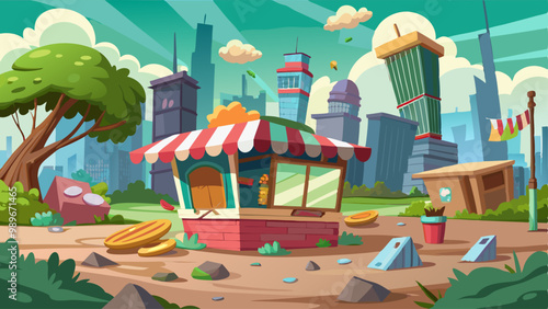 Destroyed street food market in abandoned city park. Vector cartoon illustration of damaged ice cream kiosk, vegetable stall, coffee shop against cityscape background, hurricane or storm aftermath