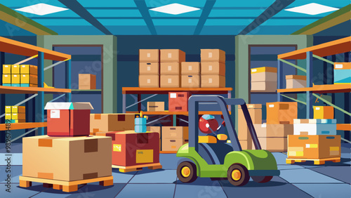 Warehouse interior with cardboard and wooden boxes and containers on pallets, filled shelves and racks, electronic forklift. Cartoon vector of storage room with goods for logistic and delivery concept