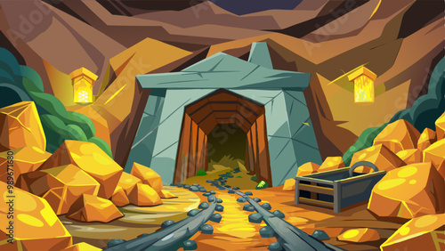 Copper ore mine tunnel inside view, cave entrance with shiny yellow pieces, ingots or nuggets in rocks and stone shaft walls. Cartoon game background, mining quarry landscape, 2d Vector illustration