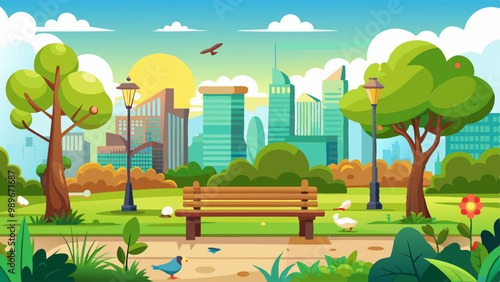 City park with green trees and grass, wooden bench, lanterns and town buildings on skyline. Vector cartoon summer landscape with empty public garden, birds and sun beams