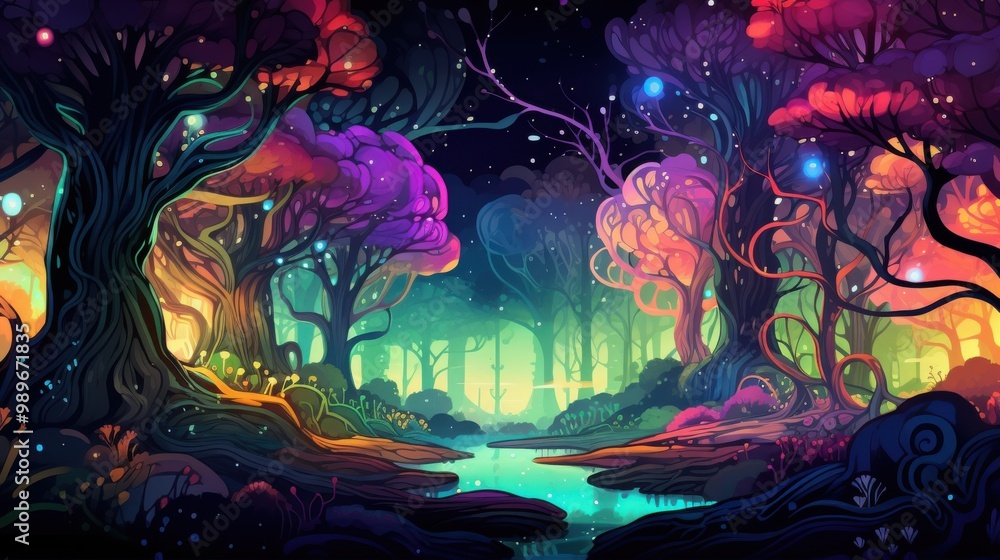 A surreal forest with glowing trees and a luminous river A surreal forest with glowing trees and a luminous river