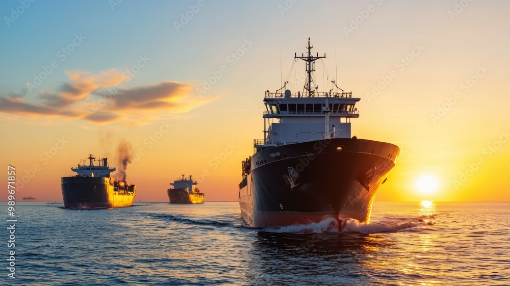 A large ship is sailing in the ocean with the sun setting in the background A large ship is sailing in the ocean with the sun setting in the background