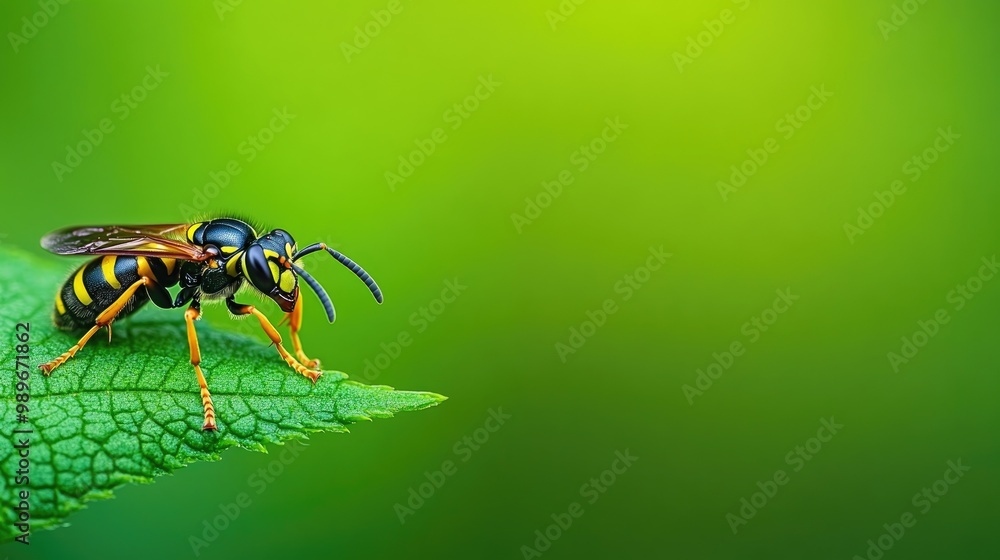 Fototapeta premium close-up macro of wasp on green leaf