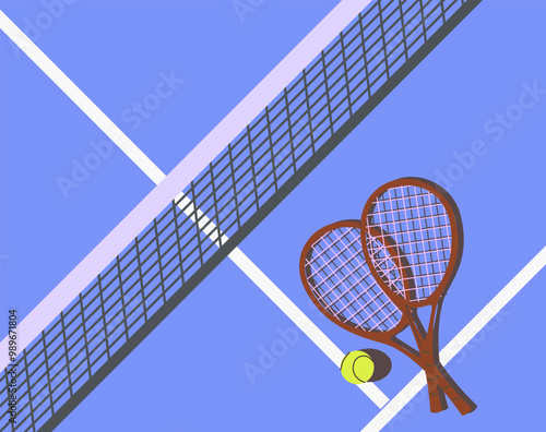 Lawn tennis racket lies near ball on tennis court, top view, tennis tournament poster, vector. tennis banner, ball on the tennis court, racket, place for text, blue color