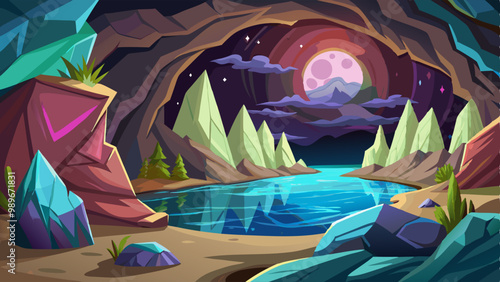 Underground cave with river or lake, waterfall and gemstone crystals in rocky walls. Cartoon deep landscape with view through entrance or hole in stone cavern on water under rays of moonlight.