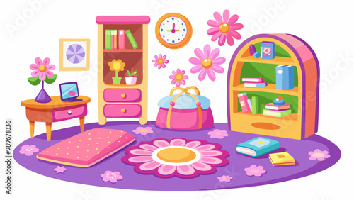 Pink y2k girl room furniture cartoon vector set. Teen daisy flower carpet and orange book shelf isolated on white background. Groovy creative teenage schoolbag, puff and decor for inside home design.