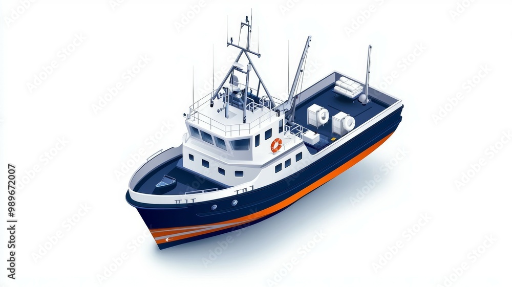 Fototapeta premium A large blue and orange boat is shown on a white background