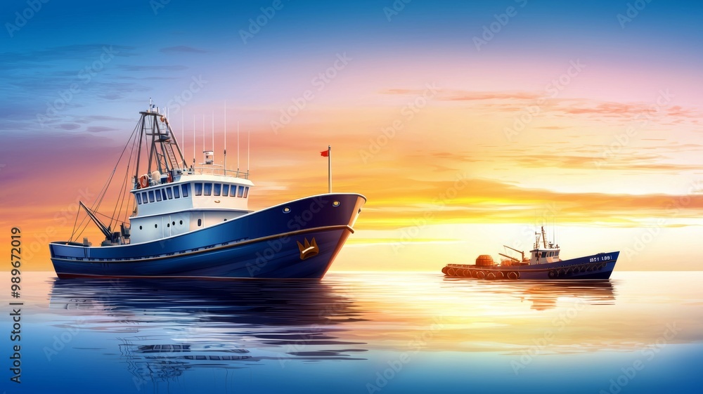 A blue boat is in the water with a red flag on the front A blue boat is in the water with a red flag on the front
