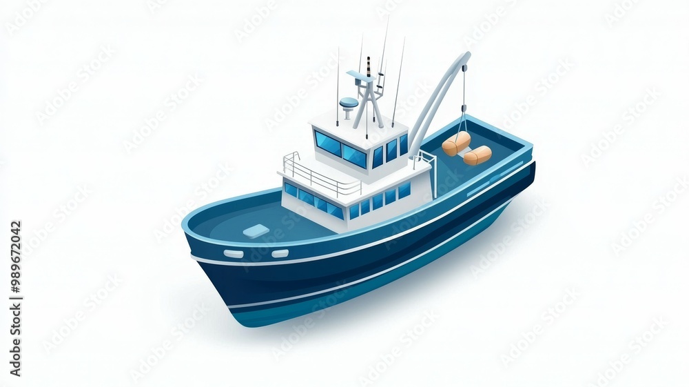 A blue boat with a white top and a white bottom A blue boat with a white top and a white bottom