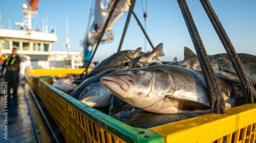 A yellow basket full of fish is being lifted off a boat A yellow basket full of fish is being lifted off a boat