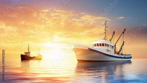 The scene is peaceful and serene, with the boats floating on the calm water