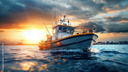 A boat is sailing in the ocean with the sun setting in the background