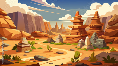 Big desert stone piles and cliff. Cartoon vector illustration set of west landscape brown rock and mountain. Game ui assets and elements of canyon formation and wall from rough boulder with texture.