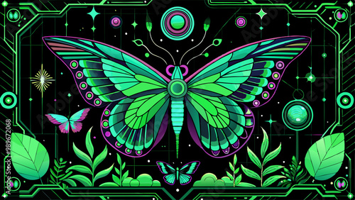 Retro futuristic flashback flyers set. Vector realistic illustration of retrowave posters with elegant boho decoration, green butterfly glowing on black background, y2k banners, vintage floral art