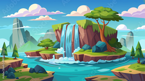 Waterfall cascade stream and rock cartoon icon. Water fall island landscape isolated clipart. Tropical torrent for fantasy summer scene in game. Paradise coastal nature and cliff asset collection