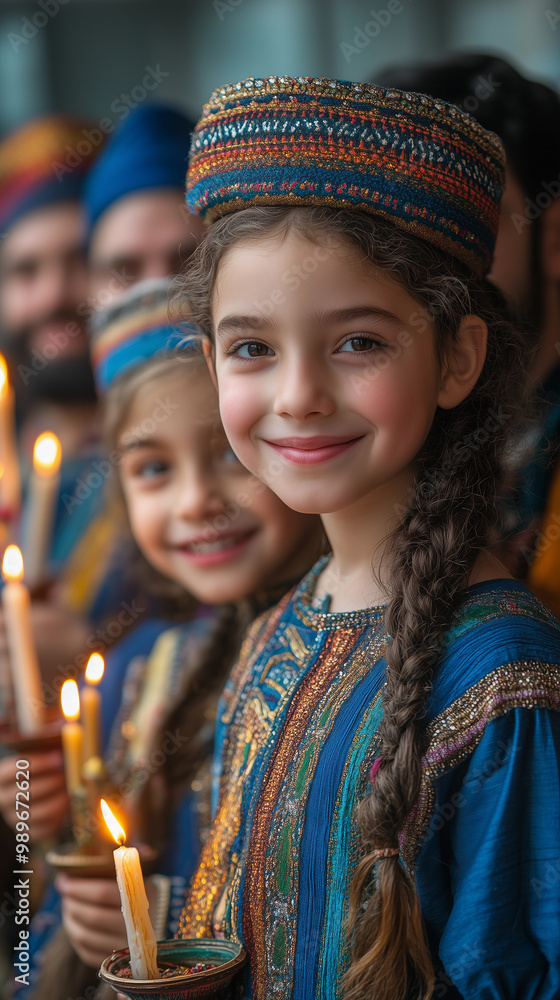 girlholding a candle ornament during the celebrations of diwali and hanukkah, incorporating elements of religion and new year ceremonies in the hindu festival