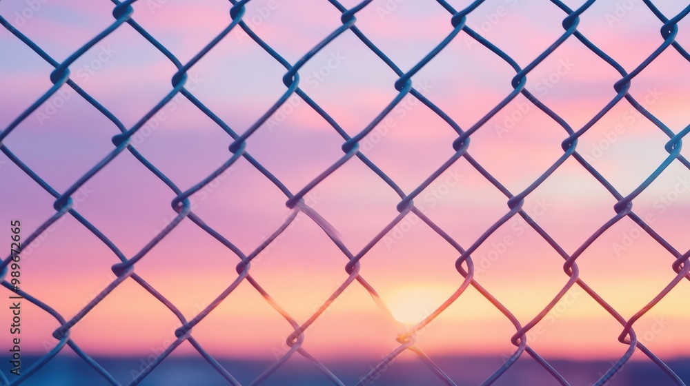 Fototapeta premium Serene Sunset Silhouette: Chain-link Fence in Pastel Sky