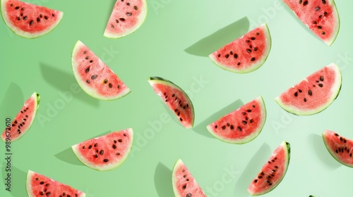 A watermelon is sliced into pieces and scattered across a green background