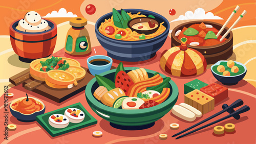 Traditional korean food in plates and bowls with chopsticks. Cartoon vector illustration set of oriental meals for dinner. Asian restaurant cuisine delicious cooking. Popular spicy cooked snack.