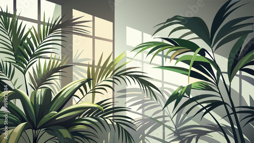 Palm leaves shadow overlay on transparent background. Effect of sunlight from window and gray shades of tropical plant foliage on wall, vector realistic illustration