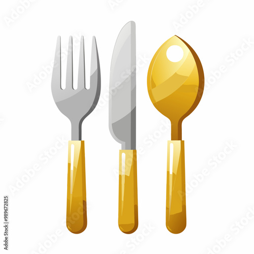 3d cutlery of golden and silver color fork, knife and spoon set. Silverware and gold utensil, catering luxury metal tableware top view. isolated on white background, Realistic vector illustration,