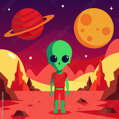 Alien on fantasy planet in space vector landscape background. Mars desert ground illustration with moon and sun landscape. Red martian surface and rock terrain with sand. Cosmic game character.