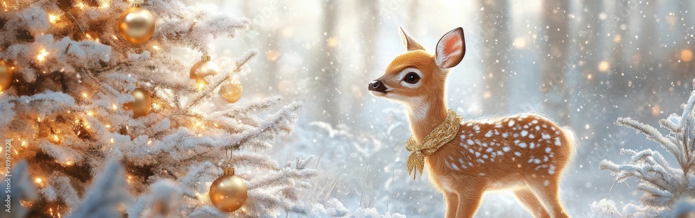 Deer Admiring a Golden Christmas Tree in a Snowy Winter Forest Deer Admiring a Golden Christmas Tree in a Snowy Winter Forest