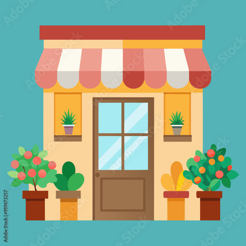 Flower shop facade, traditional store front with bouquets in vases or pots standing on street at commercial floral boutique entrance. Florist market stall city architecture Cartoon vector illustration