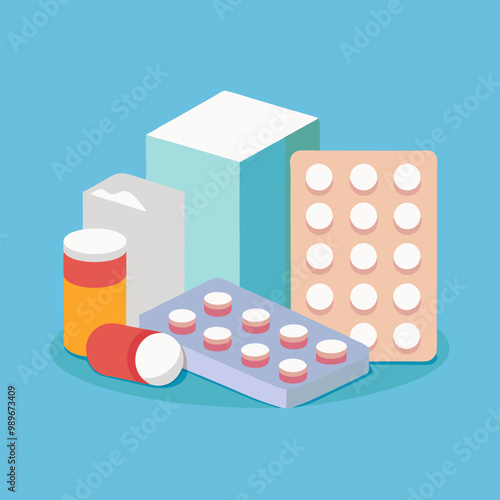 Blisters with medical drugs in open white boxes. Vector realistic mock up of 3d pharmacy package, round and oval pills and tablets in blank carton packs. Template of medicaments wrapping