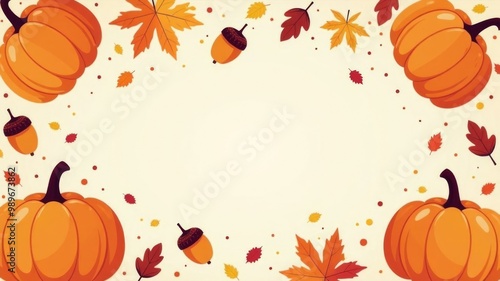 Autumn frame with pumpkins, acorns, and leaves on cream background for thanksgiving day festivity concept