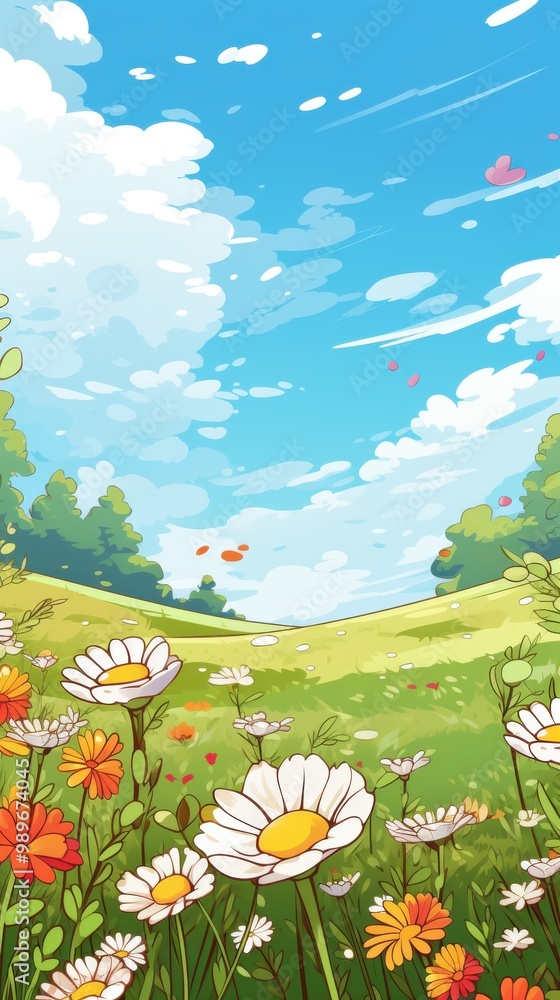 Fototapeta premium A Springtime Meadow with White Daisies and Orange Flowers