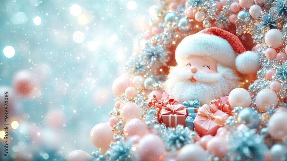 Obraz premium Festive Christmas backdrop featuring Santa Claus and a podium adorned with pastel gifts