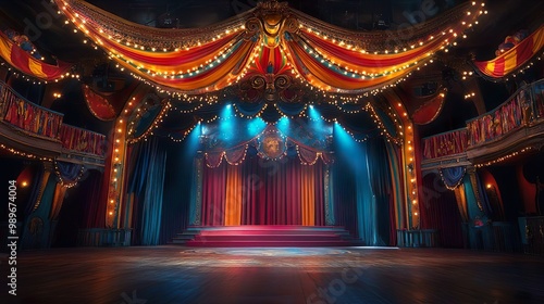 Colorful circus stage with bright decorations and vibrant lighting effects