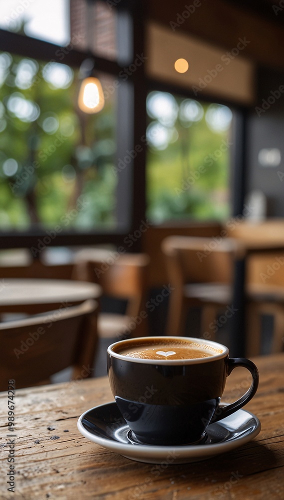 Fototapeta premium A cup of hot coffee on a wooden table with a cozy, blurred café background