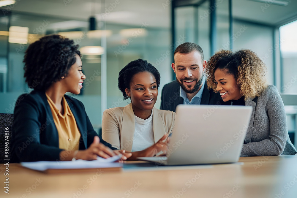 A group of diverse business professionals are gathered around a laptop, smiling and collaborating on a project. A group of diverse business professionals are gathered around a laptop, smiling and collaborating on a project.