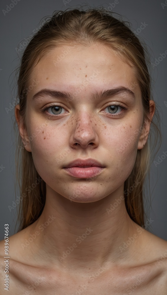 Portrait of young adult with fair skin and blue eyes posing in front of a gray backdrop Portrait of young adult with fair skin and blue eyes posing in front of a gray backdrop