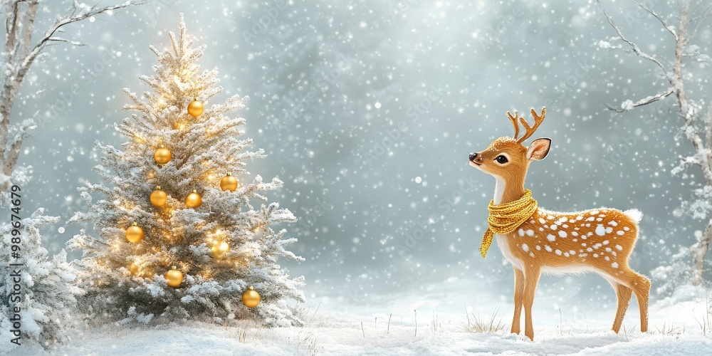 Deer Admiring a Golden Christmas Tree in a Snowy Winter Forest Deer Admiring a Golden Christmas Tree in a Snowy Winter Forest
