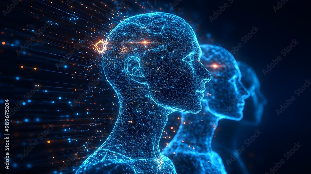 Silhouettes of heads with transparent brains showing glowing synapses and gears, high-tech aesthetic, blue neon, 3D wireframe render Silhouettes of heads with transparent brains showing glowing synapses and gears, high-tech aesthetic, blue neon, 3D wireframe render