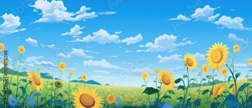 A Field of Sunflowers Under a Blue Sky with Puffy Clouds photo