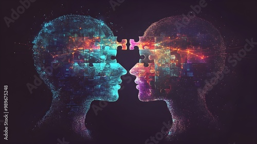 Silhouettes of two heads with interlocking puzzle pieces inside, connecting through a web of glowing synapses, representing teamwork and cognitive harmony photo