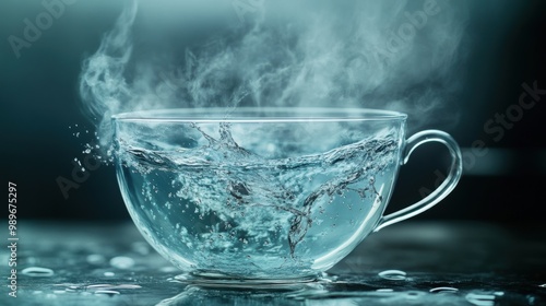 Obraz na płótnie Steaming hot water in clear glass cup, dynamic splash and droplets